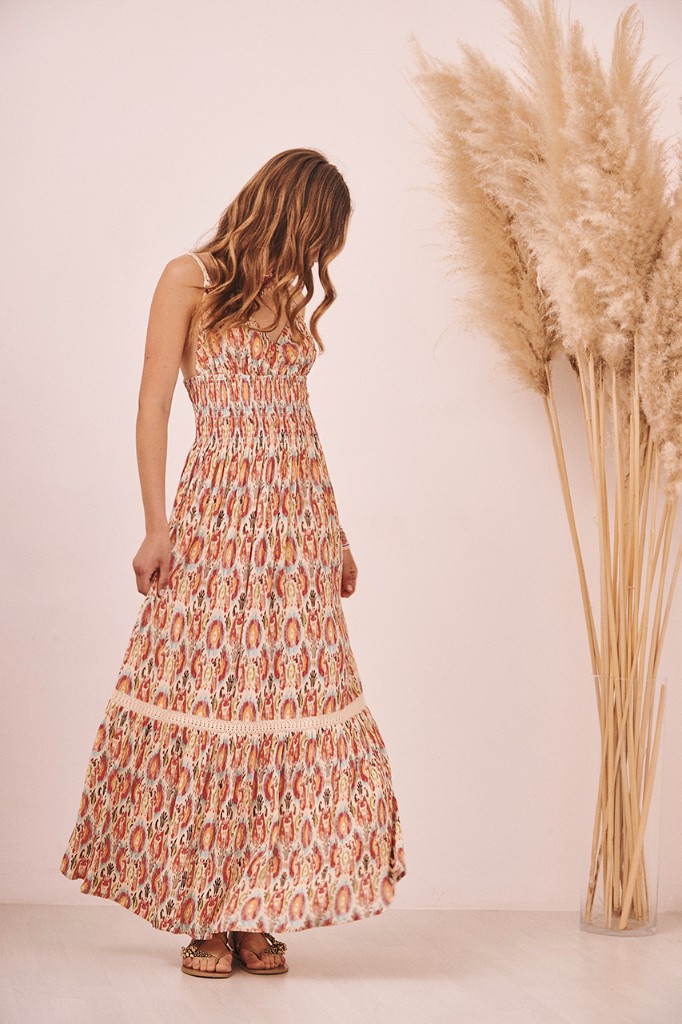 VESTIDO LARGO DE TIRANTES ESTAMPADO CON BORDADO Y BLONDAS